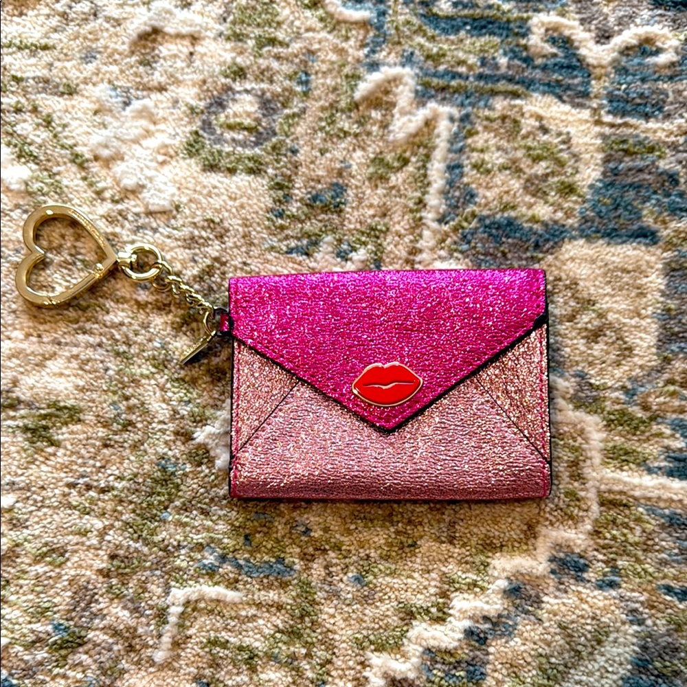 Pink Glitter Envelope Wallet with Heart Keychain new